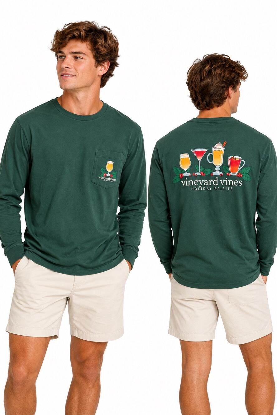 Christmas Festive Preppy Holiday Spirits Graphic Green Vineyard Vines Shirt